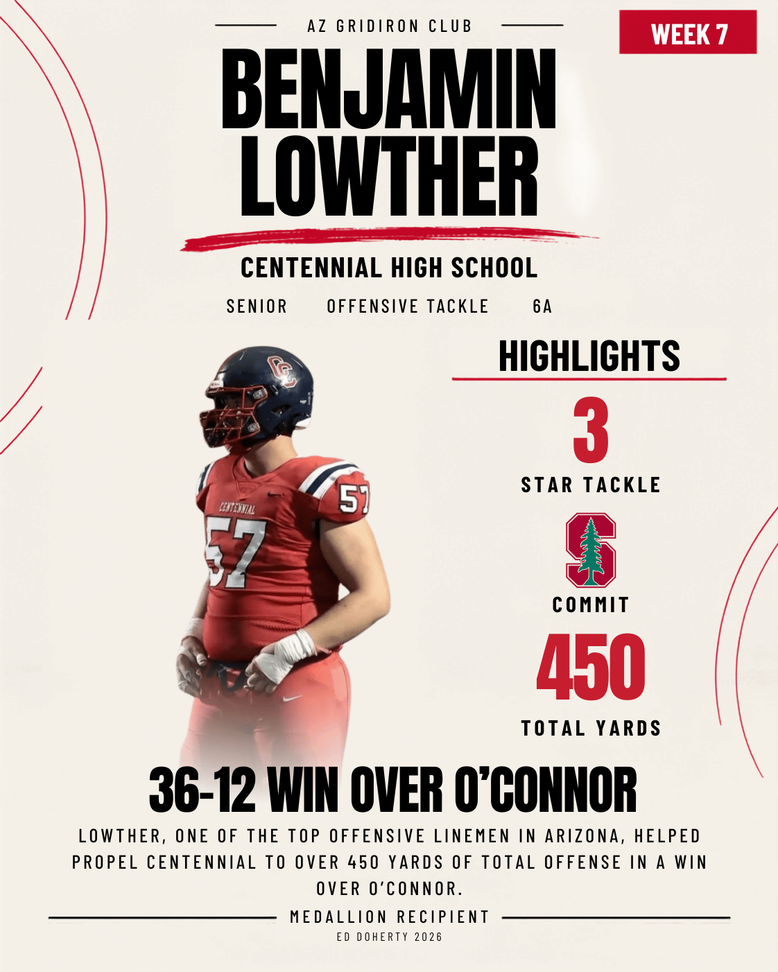 Week 7 Ed Doherty Award Medallion recipient Benjamin Lowther of Centennial High School
