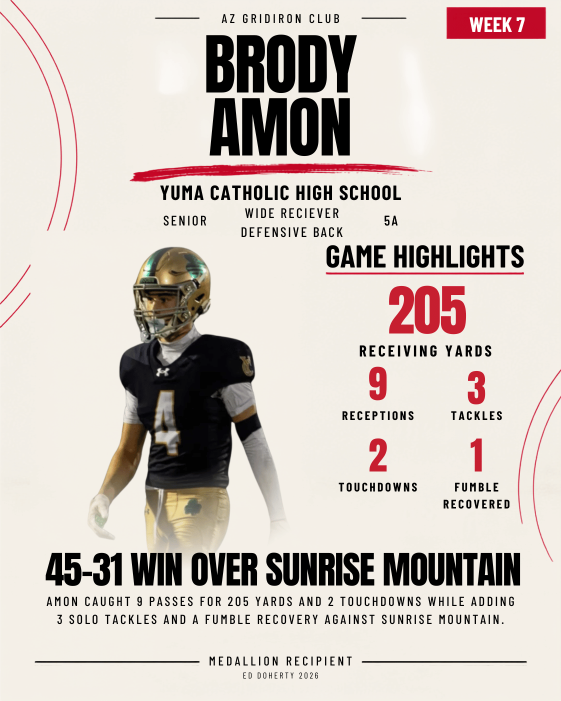 Week 7 Ed Doherty Award Medallion recipient Brody Amon of Yuma Catholic High School