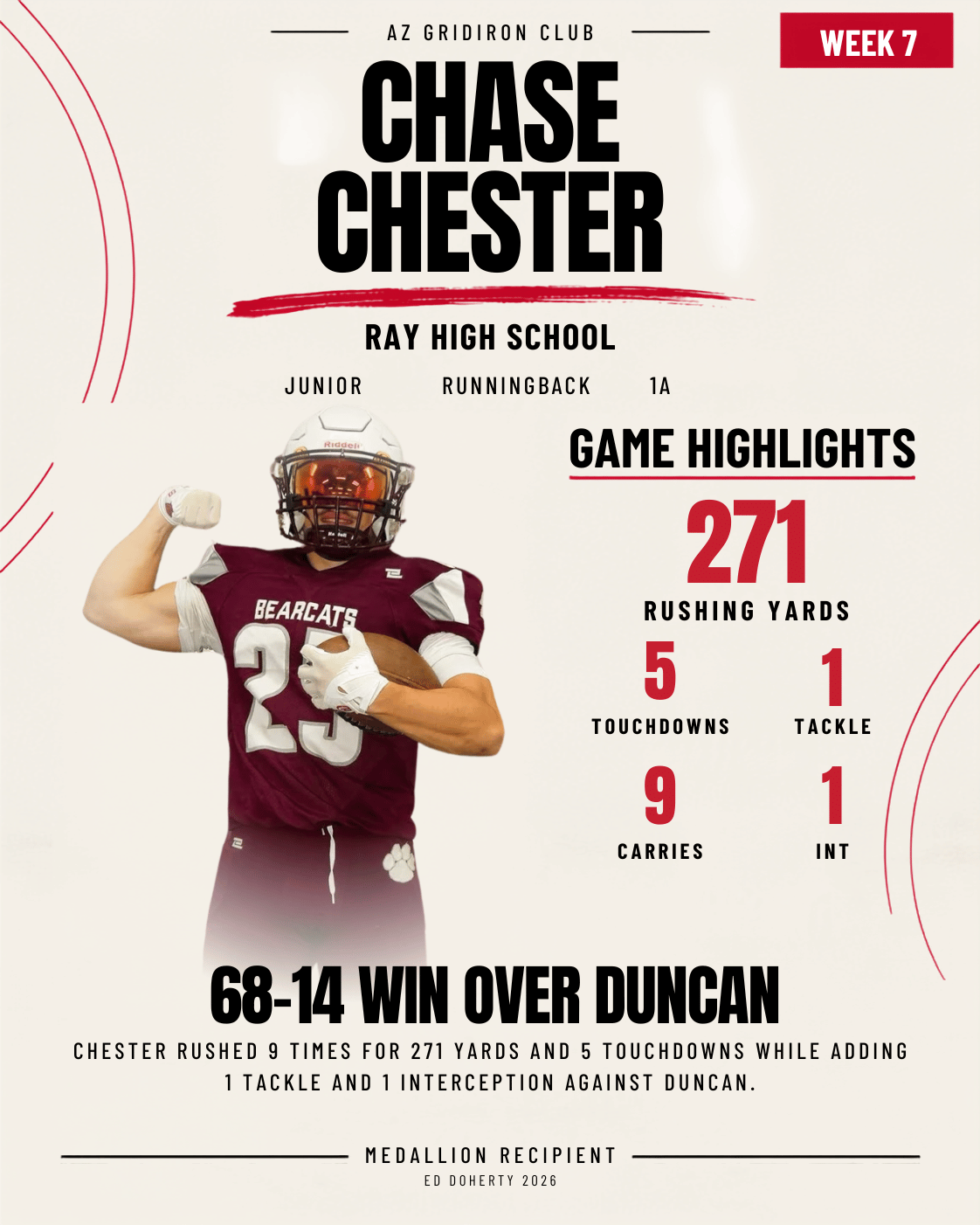 Week 7 Ed Doherty Award Medallion recipient Chase Chester of Ray High School