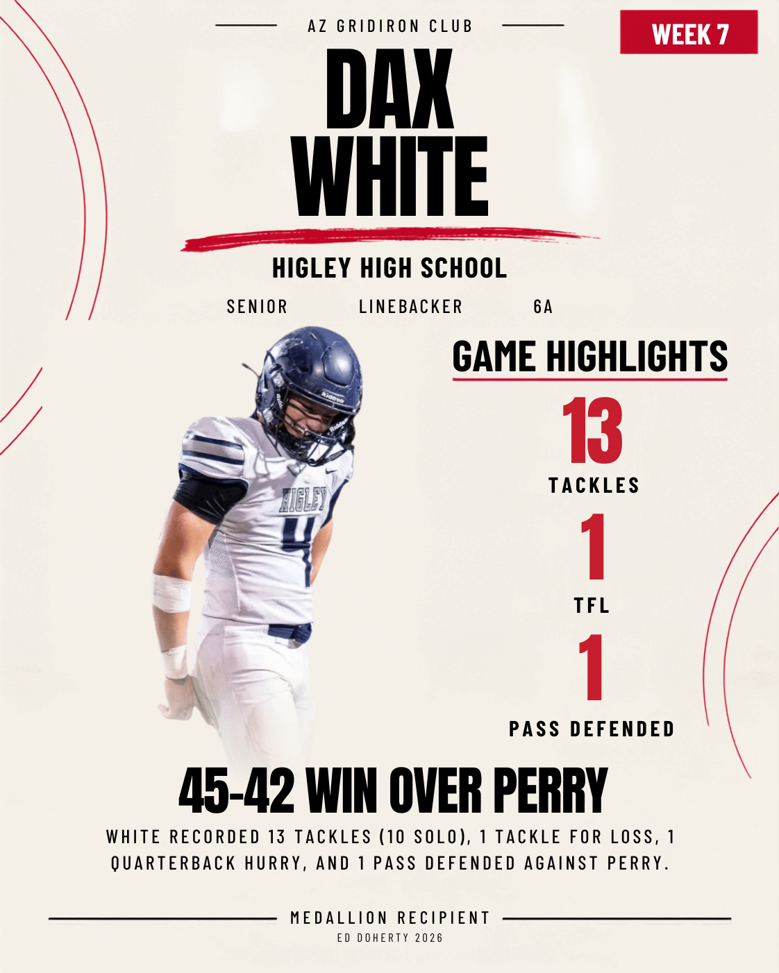 Week 7 Ed Doherty Award Medallion recipient Dax White of Higley High School