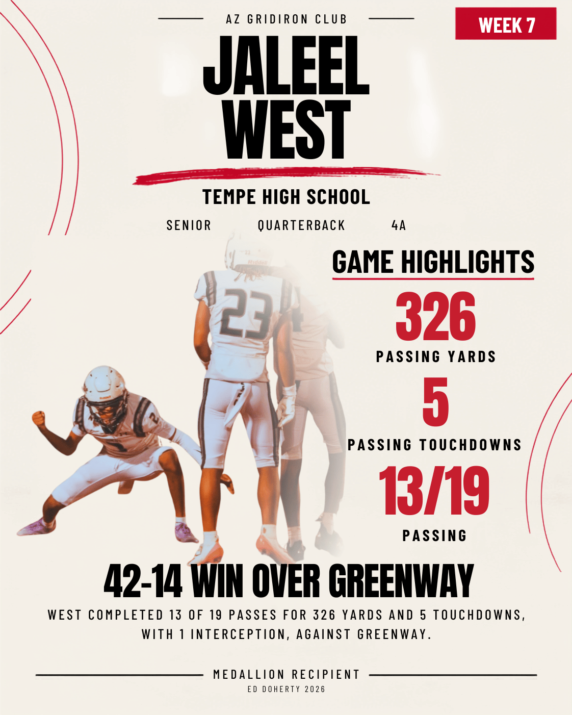 Week 7 Ed Doherty Award Medallion recipient Jaleel West of Tempe High School