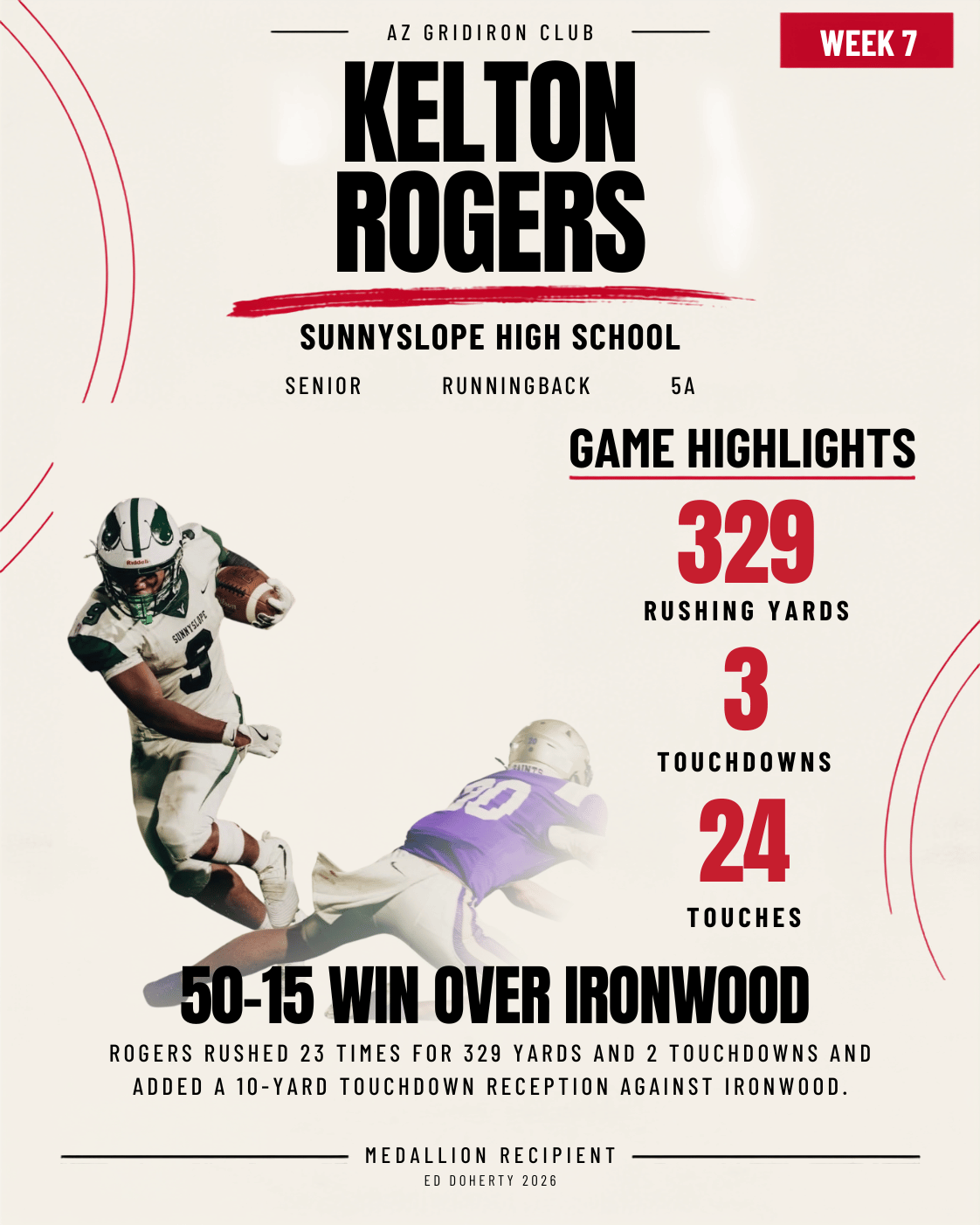 Week 7 Ed Doherty Award Medallion recipient Kelton Rogers of Sunnyslope High School