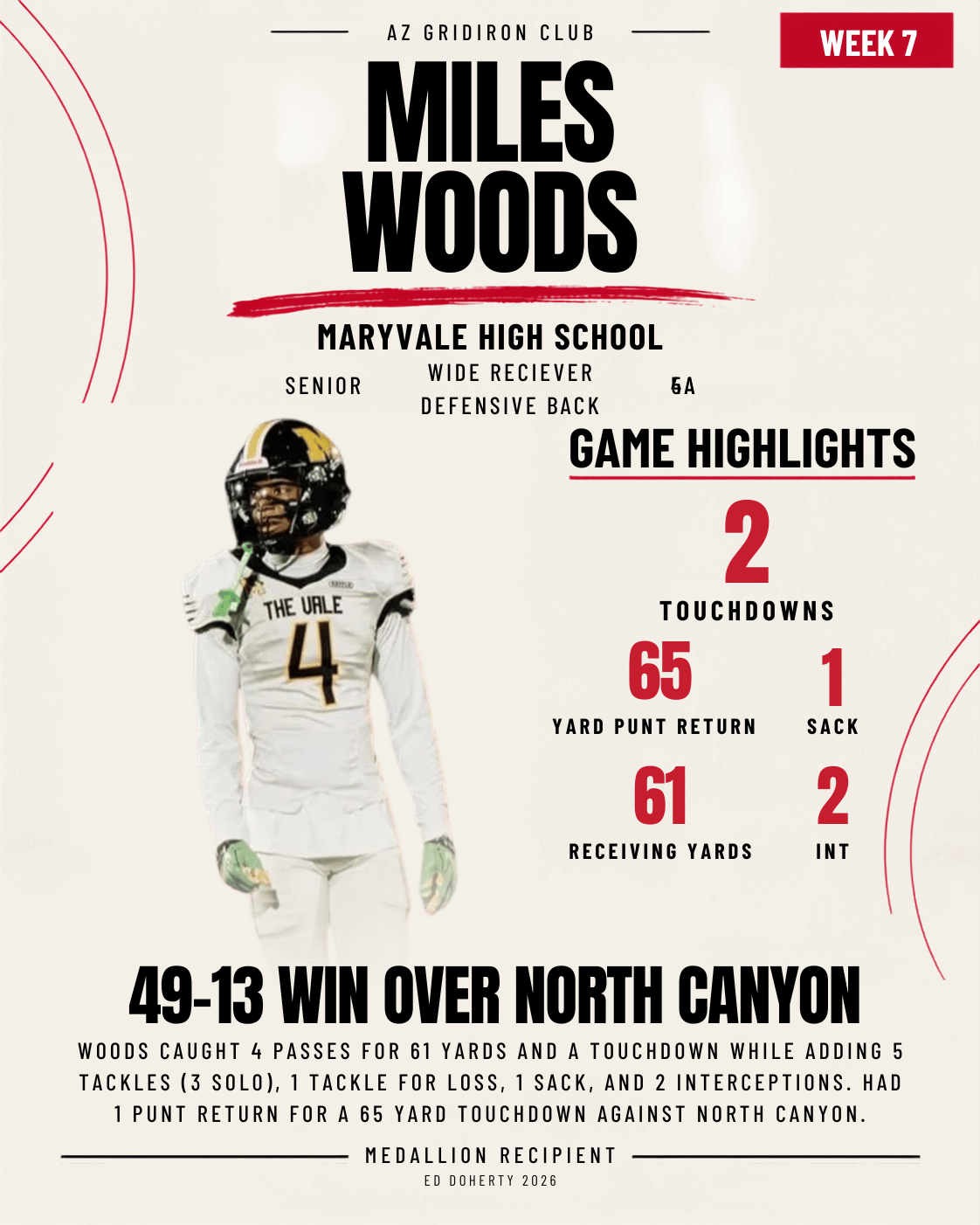 Week 7 Ed Doherty Award Medallion recipient Miles Woods of Maryvale High School