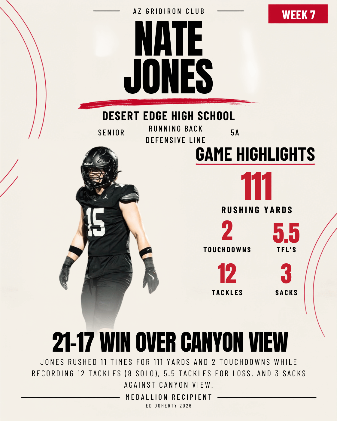 Week 7 Ed Doherty Award Medallion recipient Nate Jones of Desert Edge High School