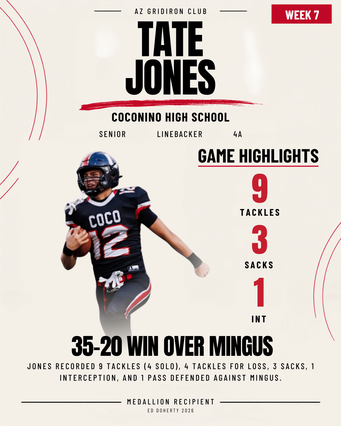 Week 7 Ed Doherty Award Medallion recipient Tate Jones of Coconino High School
