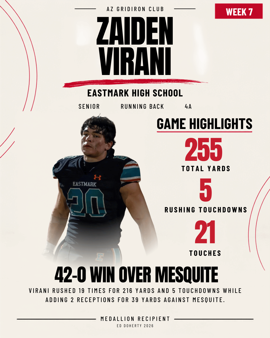 Week 7 Ed Doherty Award Medallion recipient Zaiden Virani of Eastmark High School