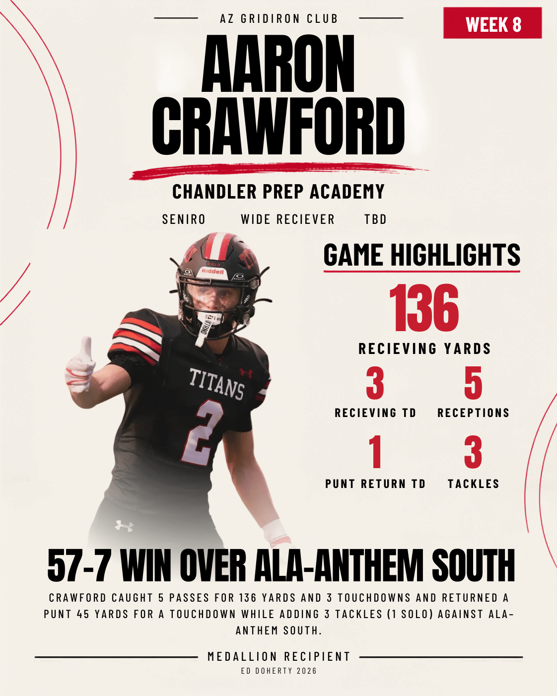 Week 8 Ed Doherty Award Medallion recipient Aaron Crawford of Chandler Prep