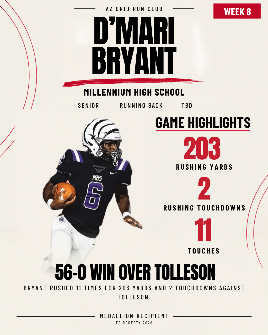 Week 8 Ed Doherty Award Medallion recipient D’Mari Bryant of Millennium High School
