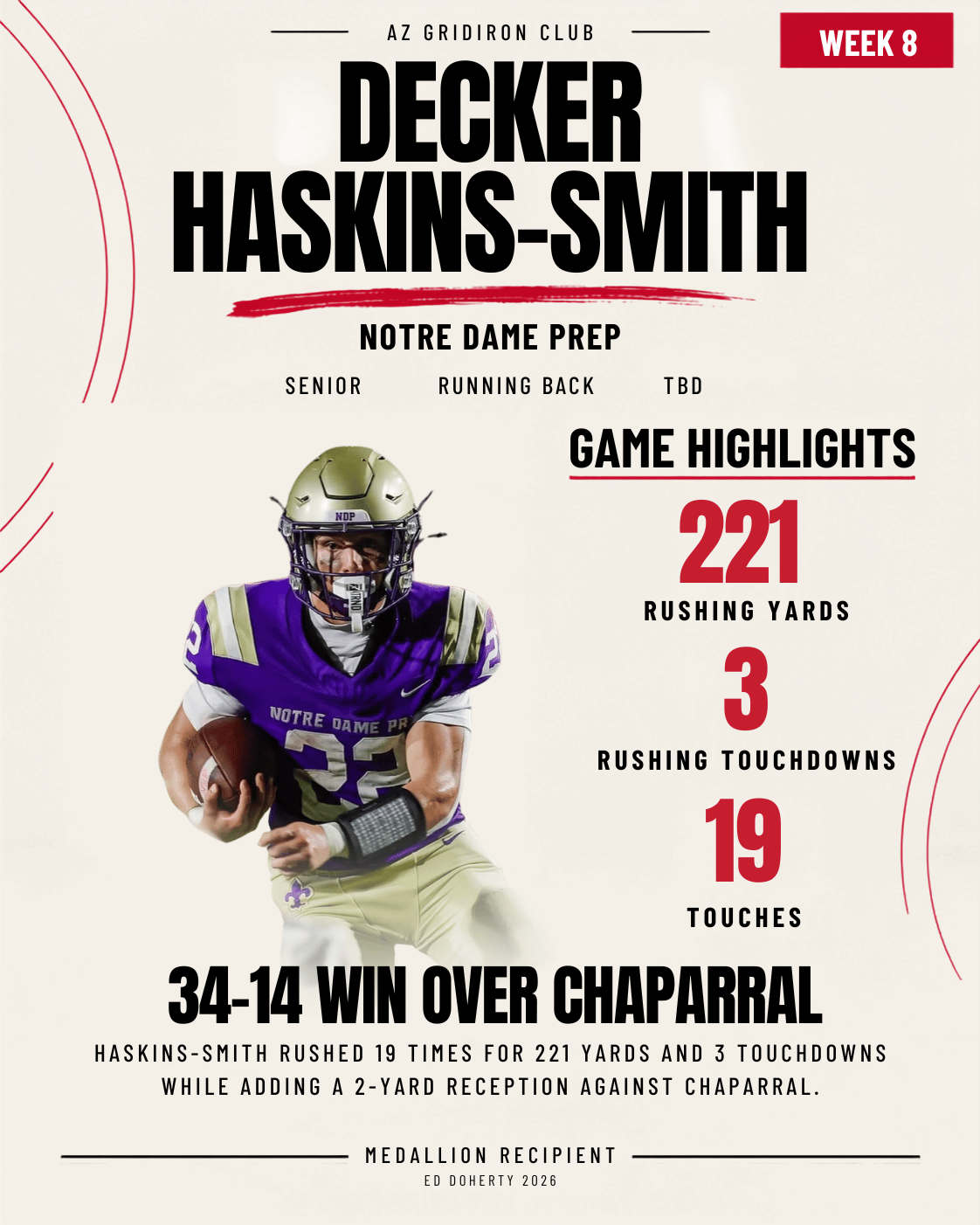 Week 8 Ed Doherty Award Medallion recipient Decker Haskins-Smith of Notre Dame Prep