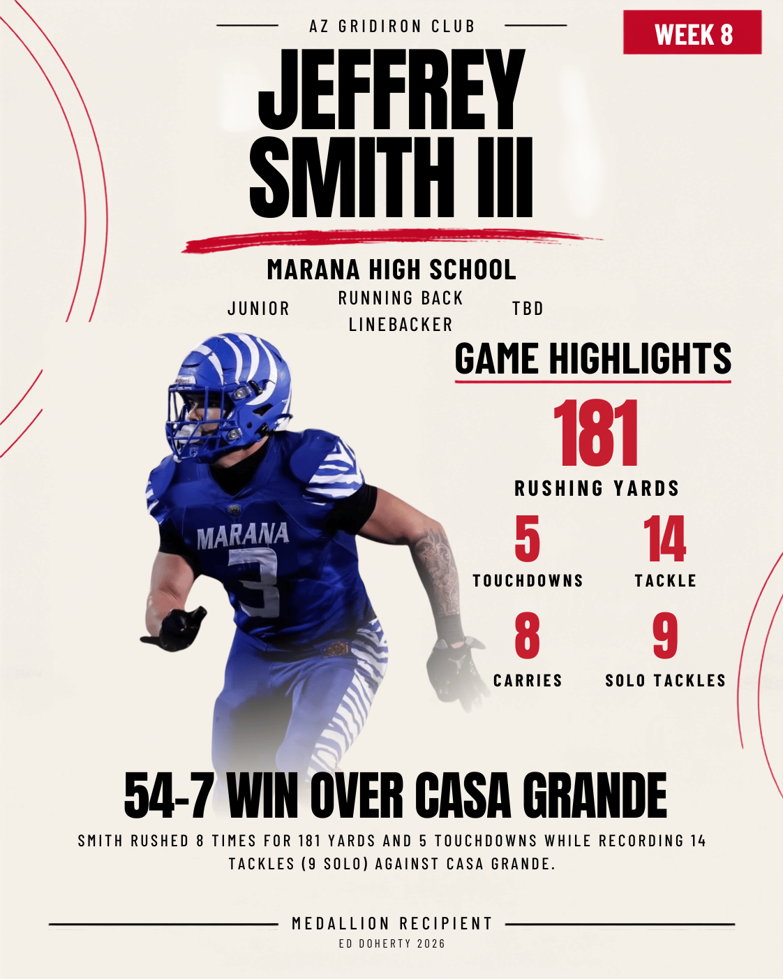Week 8 Ed Doherty Award Medallion recipient Jeffrey Smith III of Marana High School