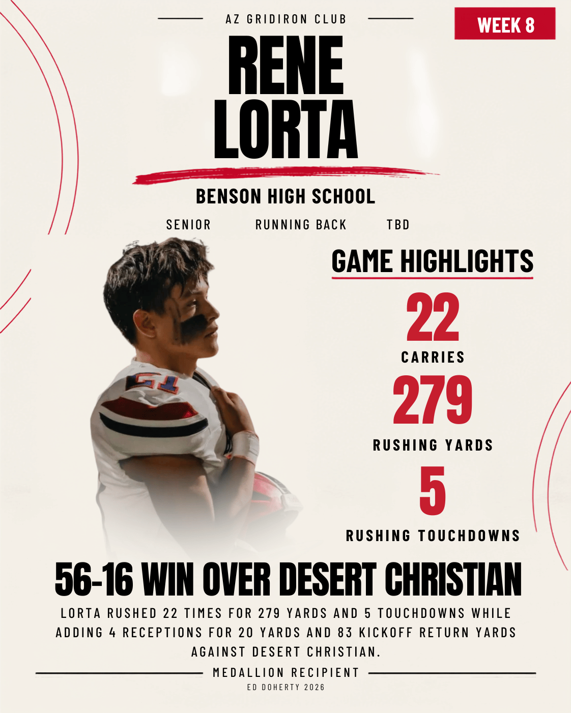 Week 8 Ed Doherty Award Medallion recipient Rene Lorta of Benson High School