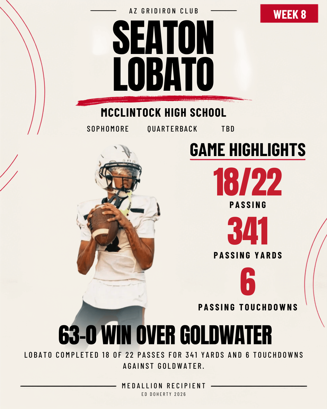 Week 8 Ed Doherty Award Medallion recipient Seaton Lobato of McClintock High School