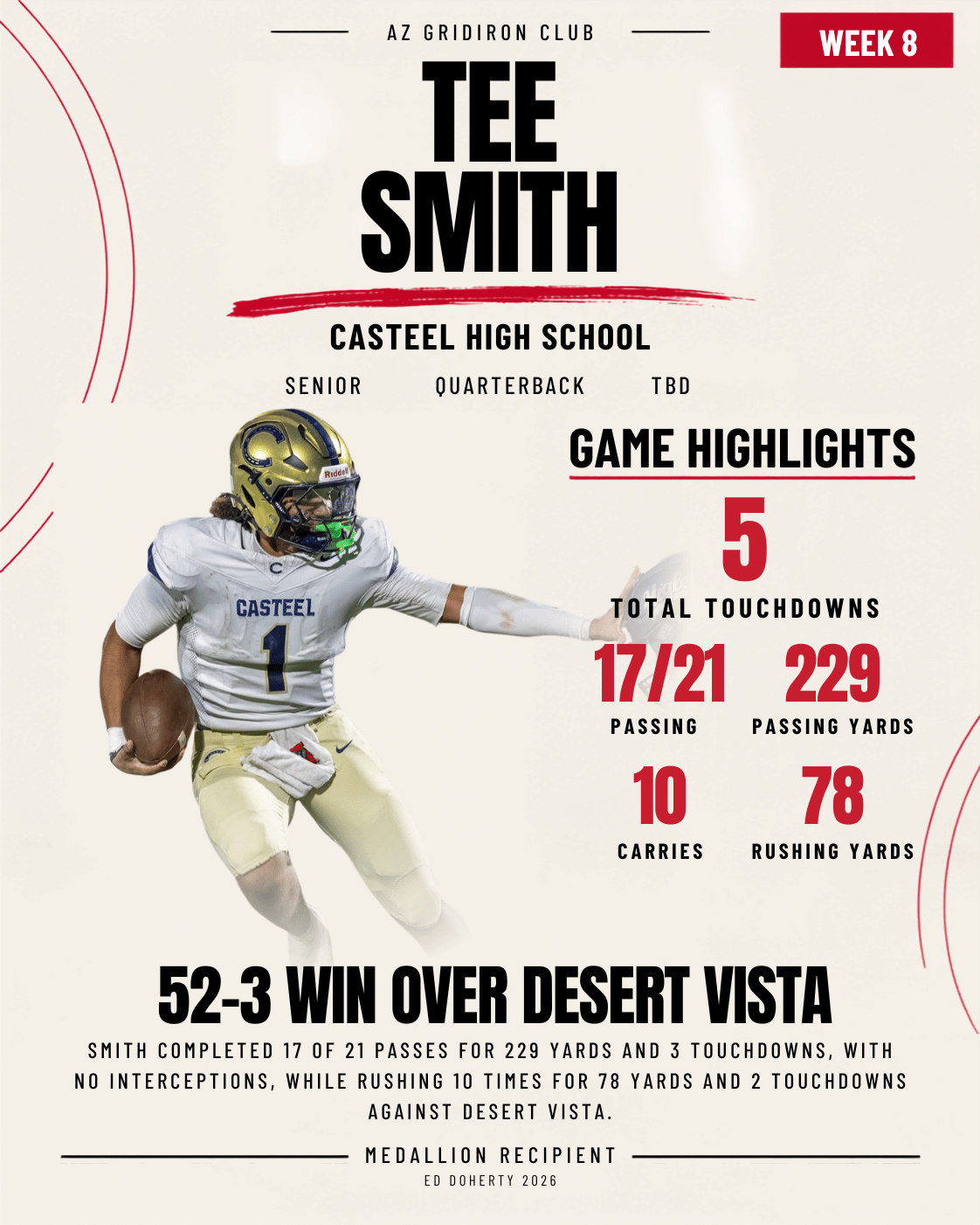 Week 8 Ed Doherty Award Medallion recipient Tee Smith of Casteel High School