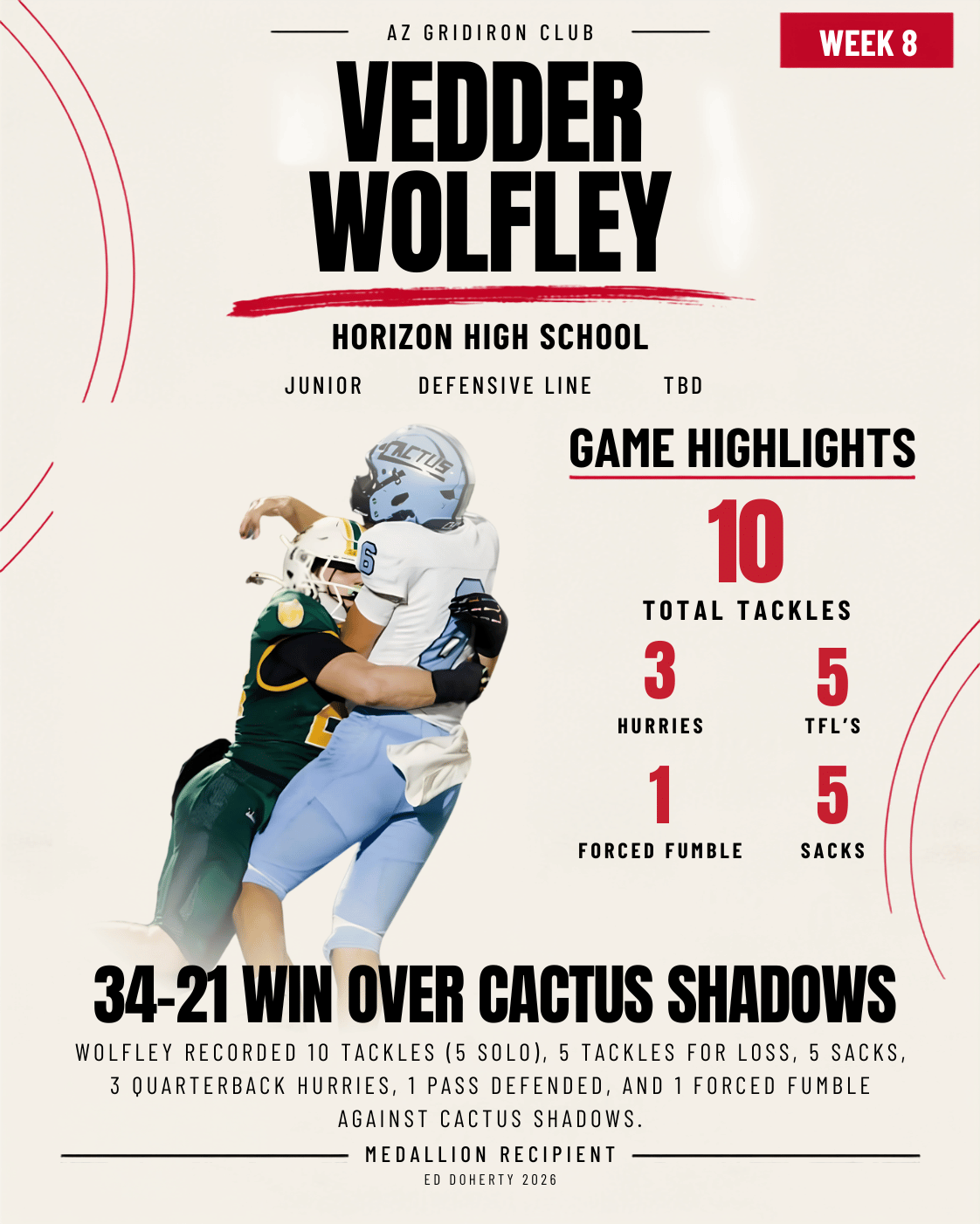 Week 8 Ed Doherty Award Medallion recipient Vedder Wolfley of Horizon High School