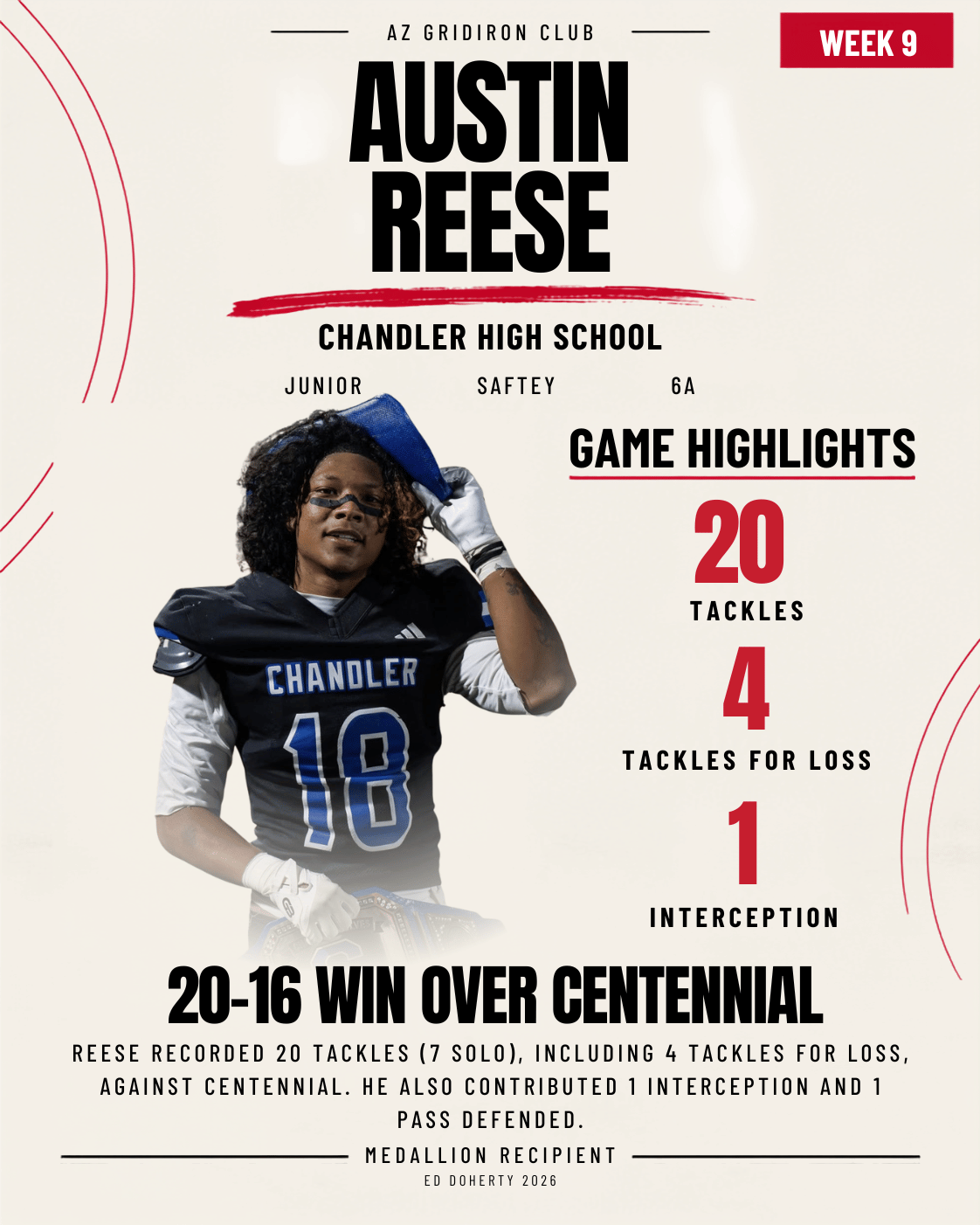 Week 9 Ed Doherty Award Medallion recipient Austin Reese of Chandler