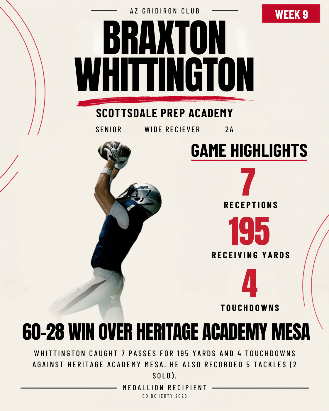 Week 9 Ed Doherty Award Medallion recipient Braxton Whittington of Scottsdale Prep