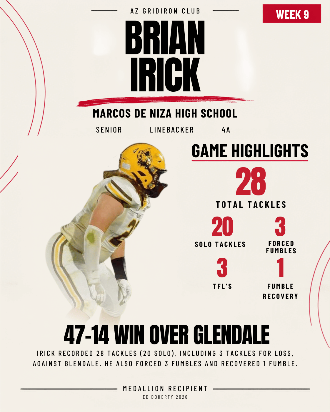Week 9 Ed Doherty Award Medallion recipient Brian Irick of Marcos de Niza