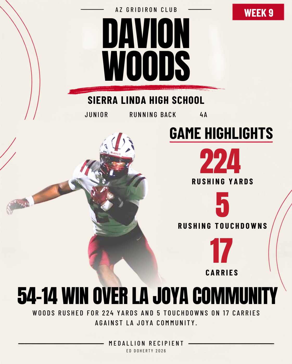 Week 9 Ed Doherty Award Medallion recipient Davion Woods of Sierra Linda