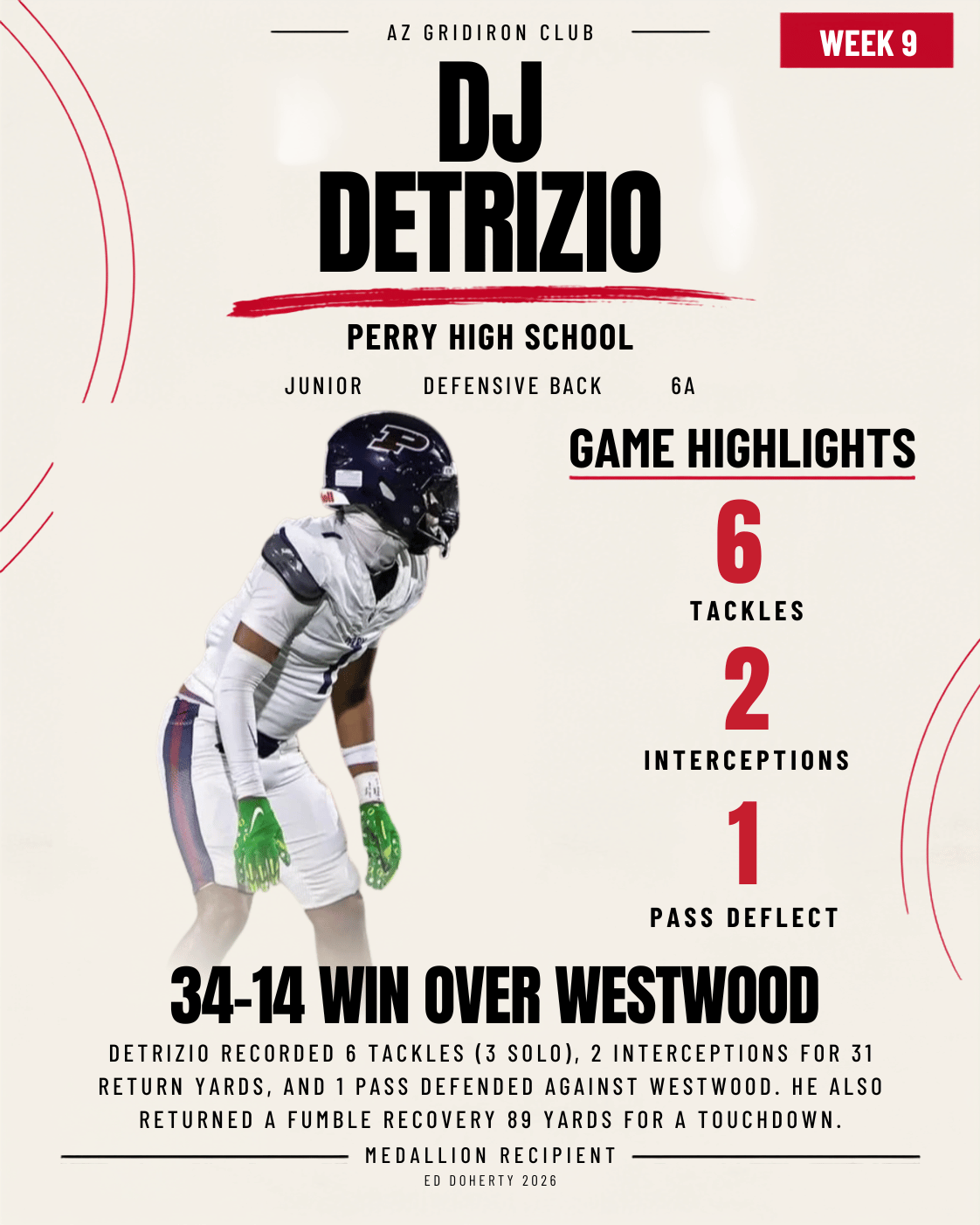 Week 9 Ed Doherty Award Medallion recipient DJ Detrizio of Perry