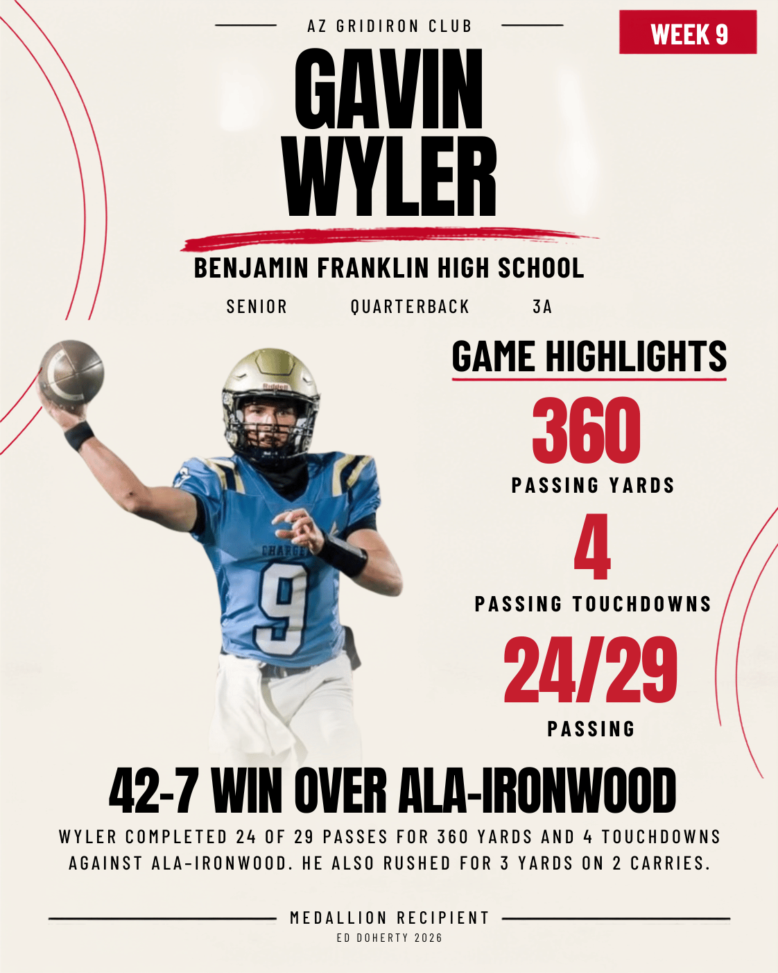 Week 9 Ed Doherty Award Medallion recipient Gavin Wyler of Benjamin Franklin