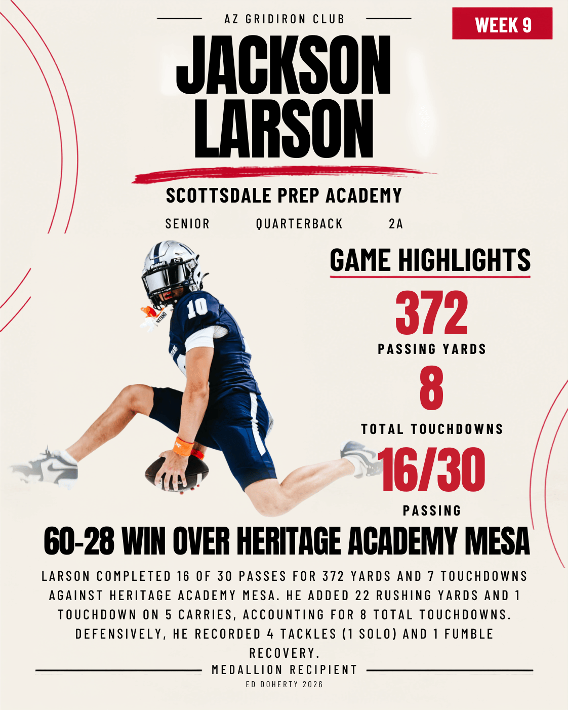 Week 9 Ed Doherty Award Medallion recipient Jackson Larson of Scottsdale Prep