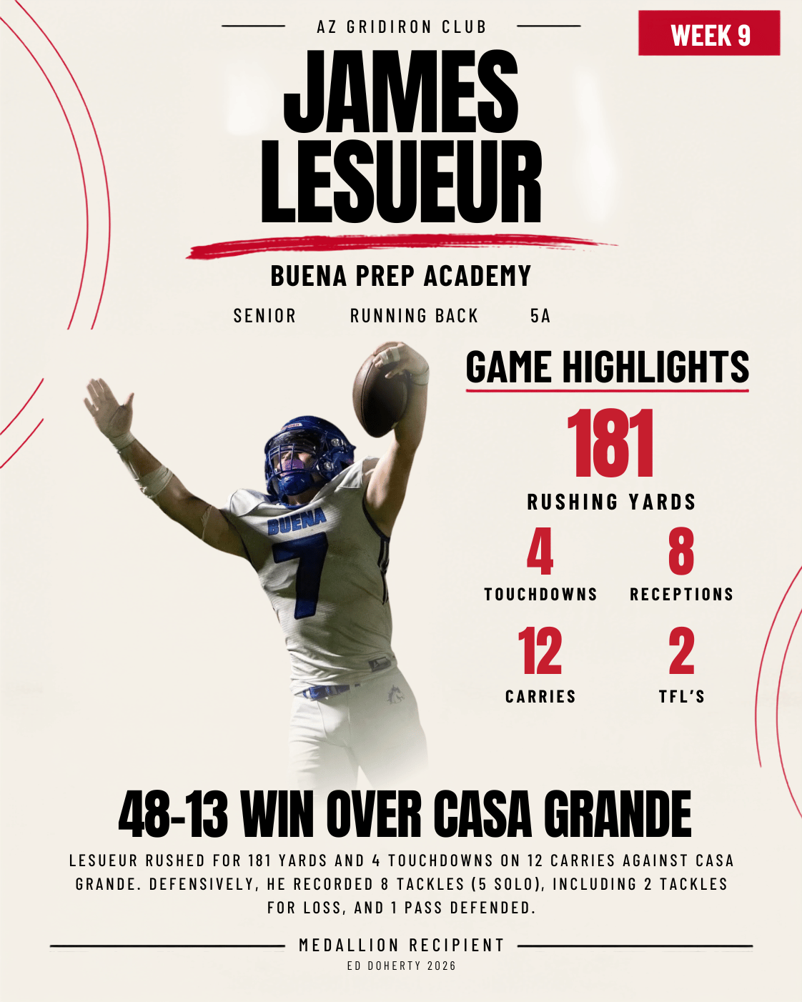 Week 9 Ed Doherty Award Medallion recipient James Lesueur of Buena