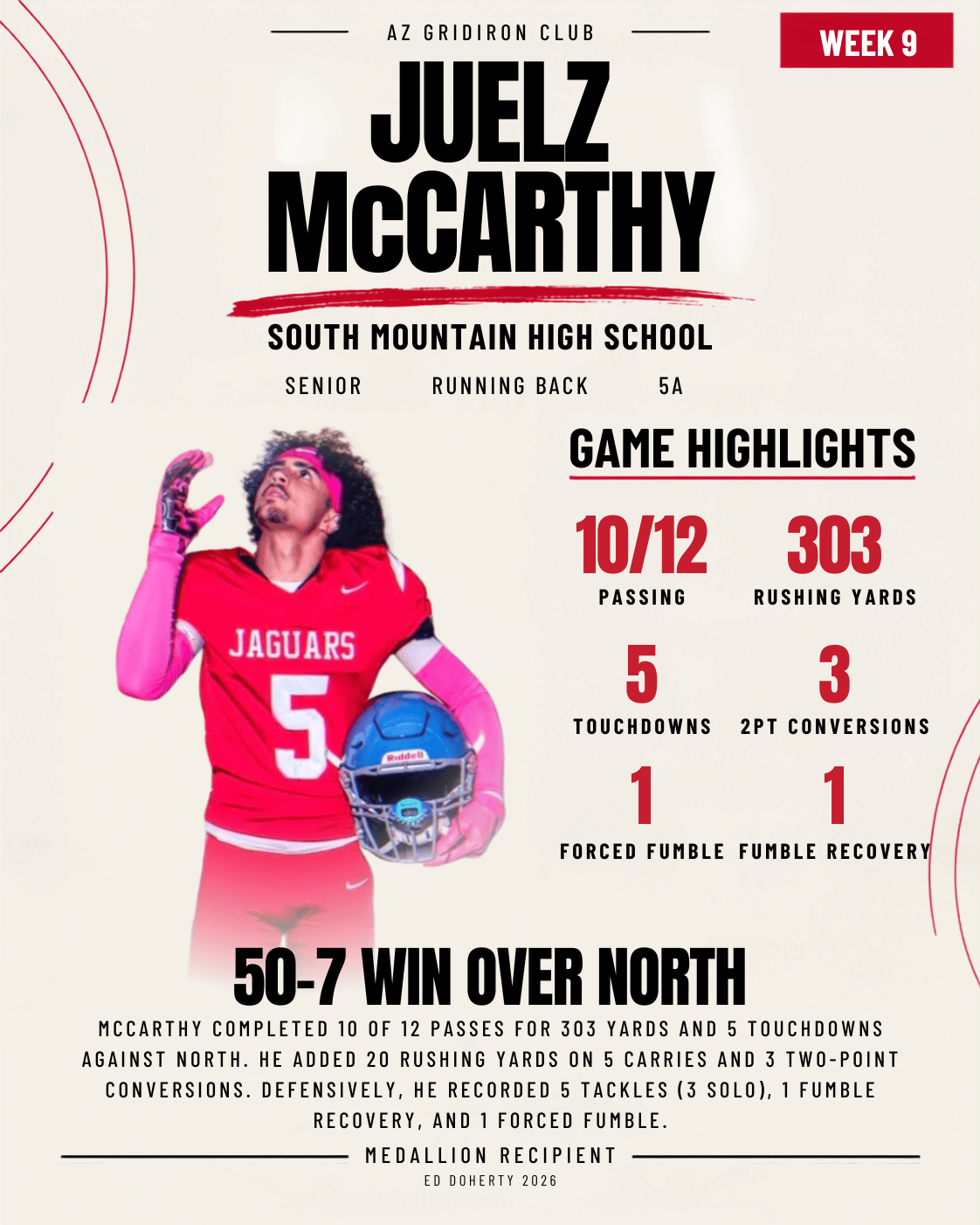 Week 9 Ed Doherty Award Medallion recipient Juelz McCarthy of South Mountain