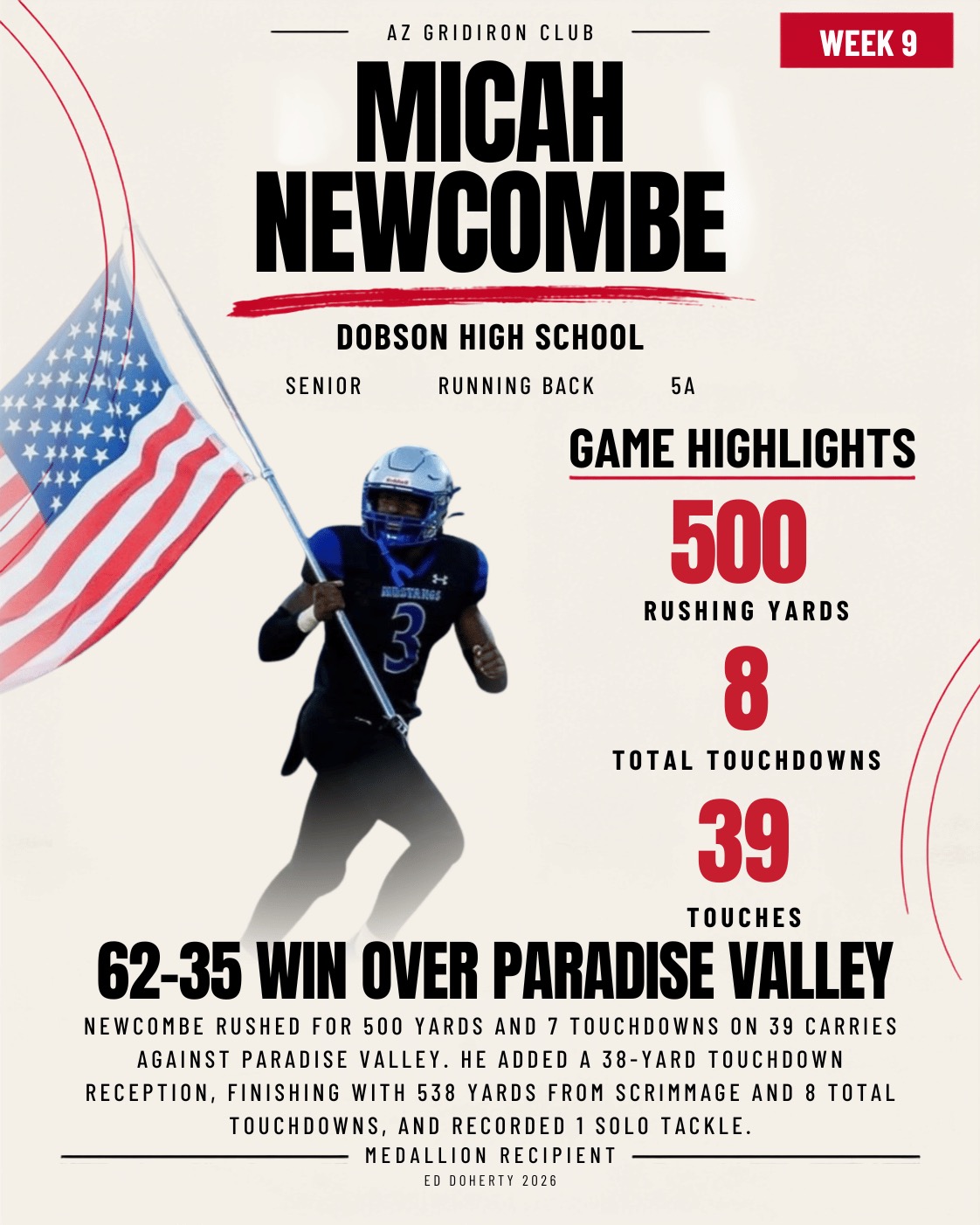 Week 9 Ed Doherty Award Medallion recipient Micah Newcombe of Dobson