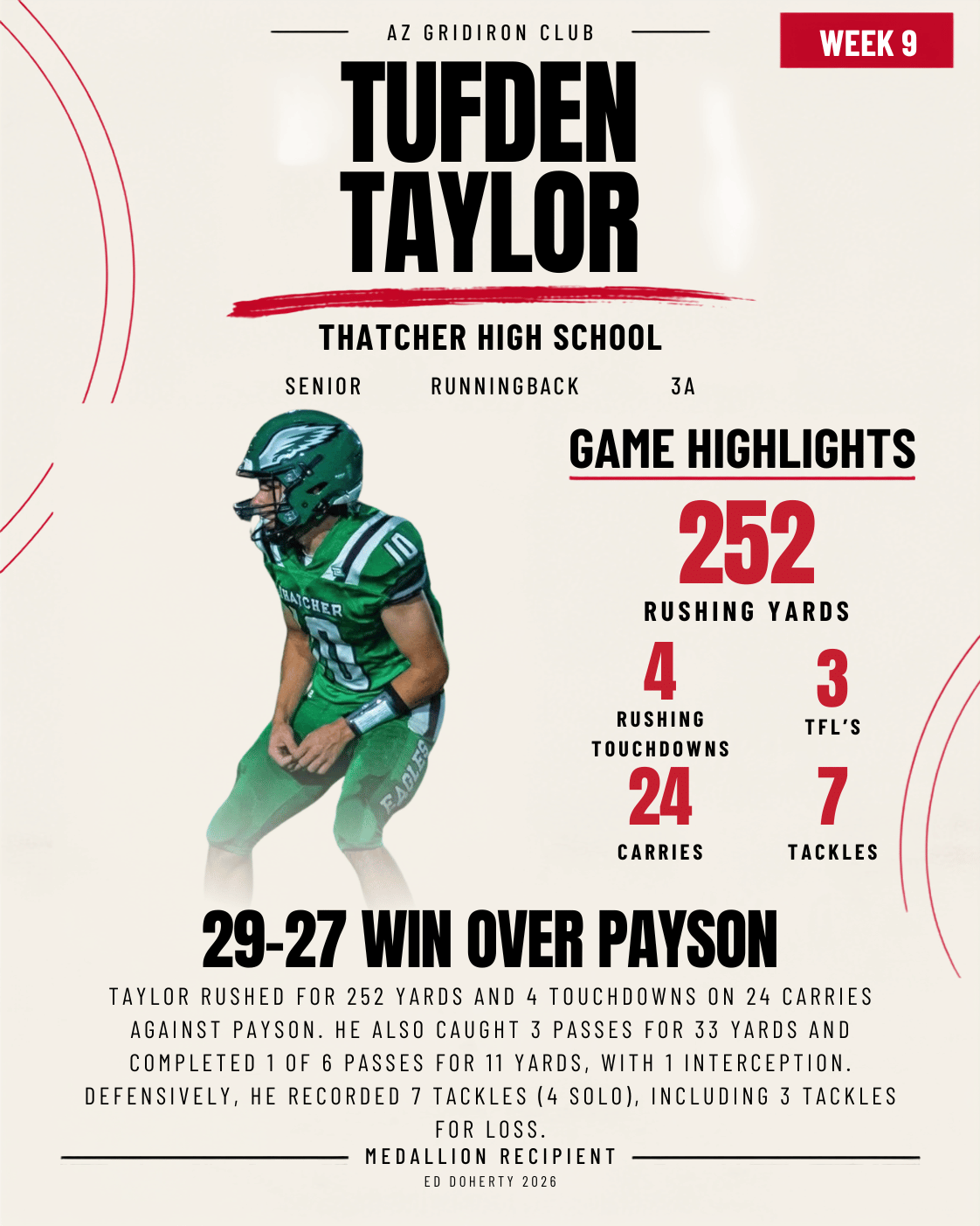 Week 9 Ed Doherty Award Medallion recipient Tufden Taylor of Thatcher